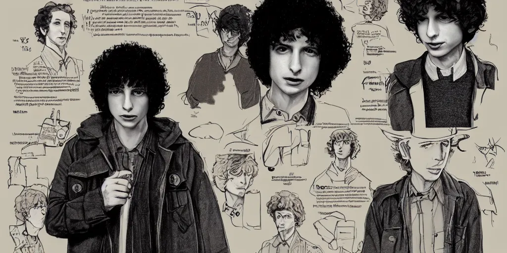 Image similar to finn wolfhard as 1 9 6 6 bob dylan, character sheet, concept art, contrast, kim jung gi, greg rutkowski, zabrocki, karlkka, jayison devadas, trending on artstation, 8 k, ultra wide angle, pincushion lens effect