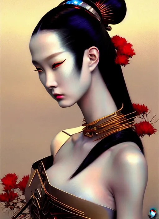 Image similar to organic seductive Geisha cyborg, pearlescent skin, diffuse lighting, fantasy, intricate, elegant, highly detailed, lifelike, photorealistic, digital painting, artstation, illustration, concept art, smooth, sharp focus, art by John Collier and Albert Aublet and Leonardo da vinci and Krenz Cushart and Artem Demura and Alphonse Mucha
