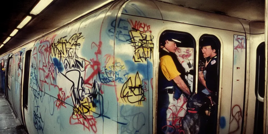 Image similar to new york subway cabin 1 9 8 0 s inside all in graffiti, 1 9 8 0 s policeman with the k - 9 dog, coloured film photography, christopher morris photography, bruce davidson photography