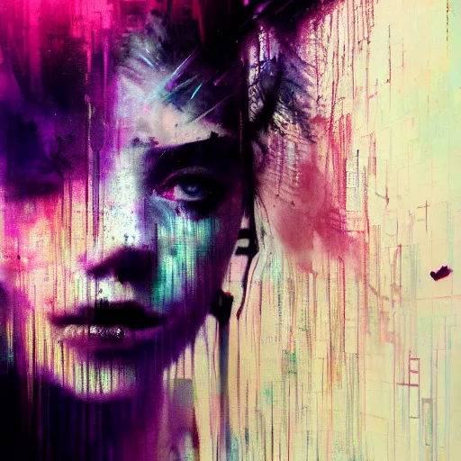 Image similar to glitchart of a young woman lucid dreaming in cyberspace photoreal, atmospheric by jeremy mann francis bacon and agnes cecile, ink drips paint smears digital glitches