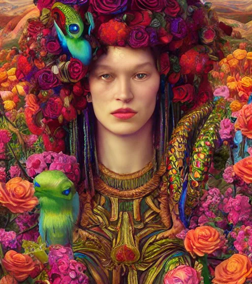 Image similar to portrait of quetzalcoatl, surrounded by flowers, by nan goldin, moebius, tom bagshaw, rococo, trending on artstation, muted lighting, hyper realism, octane render, 8 k, hyper detailed, ink by dave gibbons