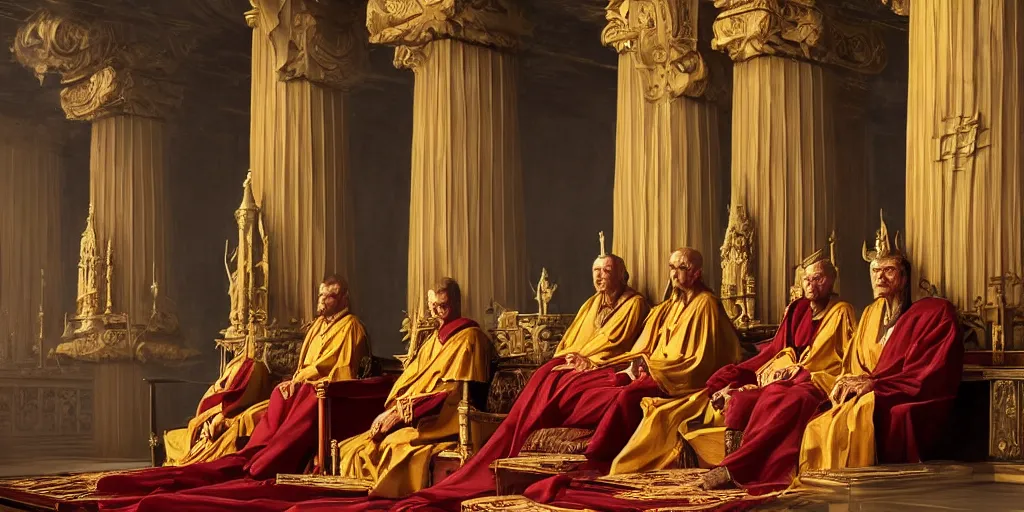 Prompt: beautiful oil matte portrait painting, ancient senators in royal crimson robes sit in tribunes, highly detailed, beautiful cinematic light deep focus, elegant, digital painting, smooth, sharp focus, golden ratio, dramatic illumination, art by aleksi briclot, rutkowski and caravaggio