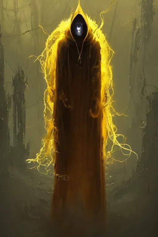 Image similar to A full body portrait of a mysterious character with no face with a very long hooded yellow cloak, a golden crown floating above his head tentacles coming out the ground art by Maciej Kuciara and Jason Chan, ominous, cosmic horror, trending on artstation, Ultra detailed, hyper realistic 4k