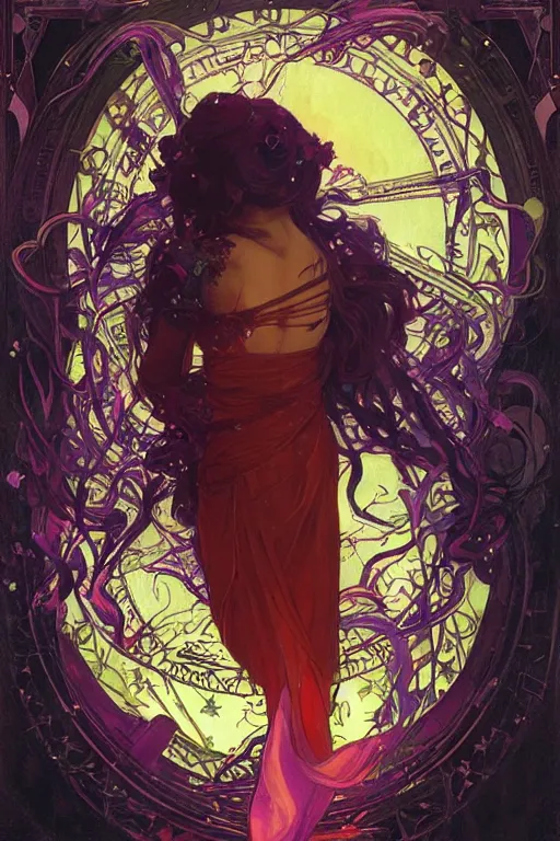 Prompt: she dreams of arcs of purple flame intertwined with glowing sparks, glinting particles of ice, dramatic lighting, steampunk, bright neon, secret holographic cyphers, red flowers, solar flares, high contrast, smooth, sharp focus, art nouveau, art by greg rutkowski and Alphonse Mucha