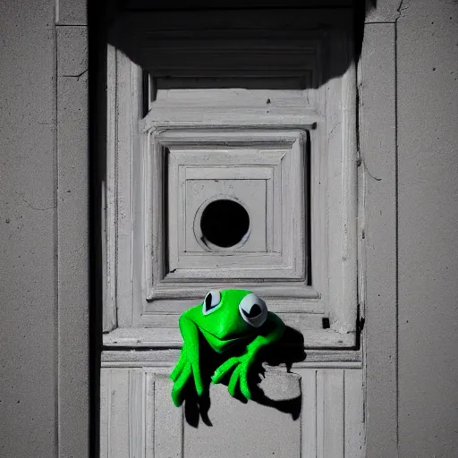 Prompt: street photography picture of kermit the frog sleeping in the doorway of an oppressive evil building. fugifilm 4 k