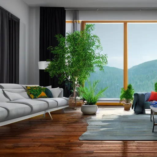 Image similar to a beautiful modern living room with wood floors, large windows with a beautiful view, an area rug, plants, forest, mountains, realistic, hd, 8 k, digital rendering, unreal engine, blender, octane, maya