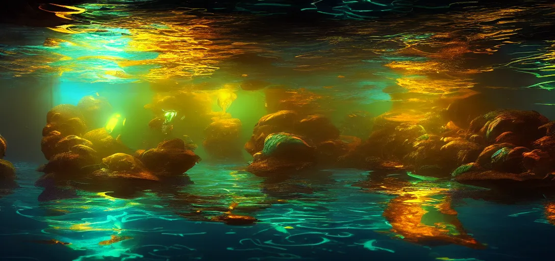 Prompt: beautiful fantasy view of underwater at night, bioluminescence, glowing water with caustics, dappled light, reflections, liquid refraction, calm lighting, ultra detailed, sharp, ambient occlusion, raytracing, vibrant, vivid colors, artistic, by dylan cole, sebastian meyer and jordan grimmer