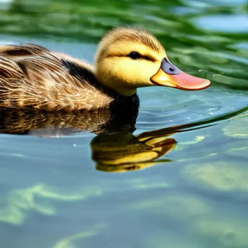 Image similar to realistic photo of an adorable duckling swimming in a pond, highly detailed,