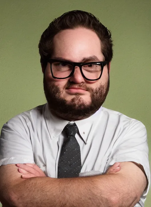Prompt: portrait of schmitty ( josh schmitstinstein ), host of you don't know jack. overweight man with receding hairline, glasses, thin mustache with goatee, corporate casual, angry but jovial demeanor