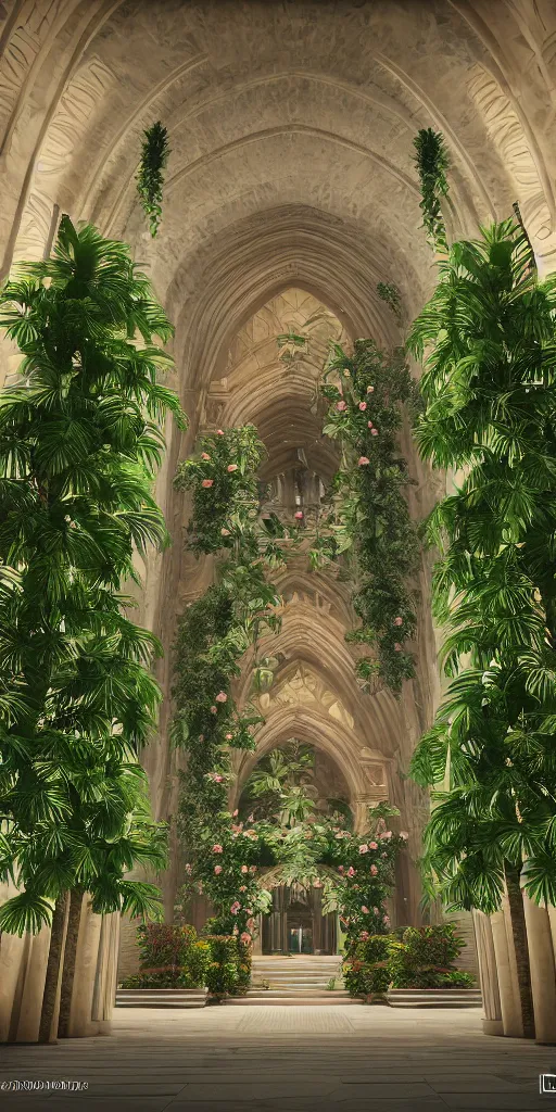 Image similar to grand cathedral interior with koi pond in the middle surrounded by palm trees, ivy, flowers, tropical plants, roses, and with archways, rendered in octane render with photorealistic cinematic volumetric lighting, cinematic, centered, horizontal symmetry