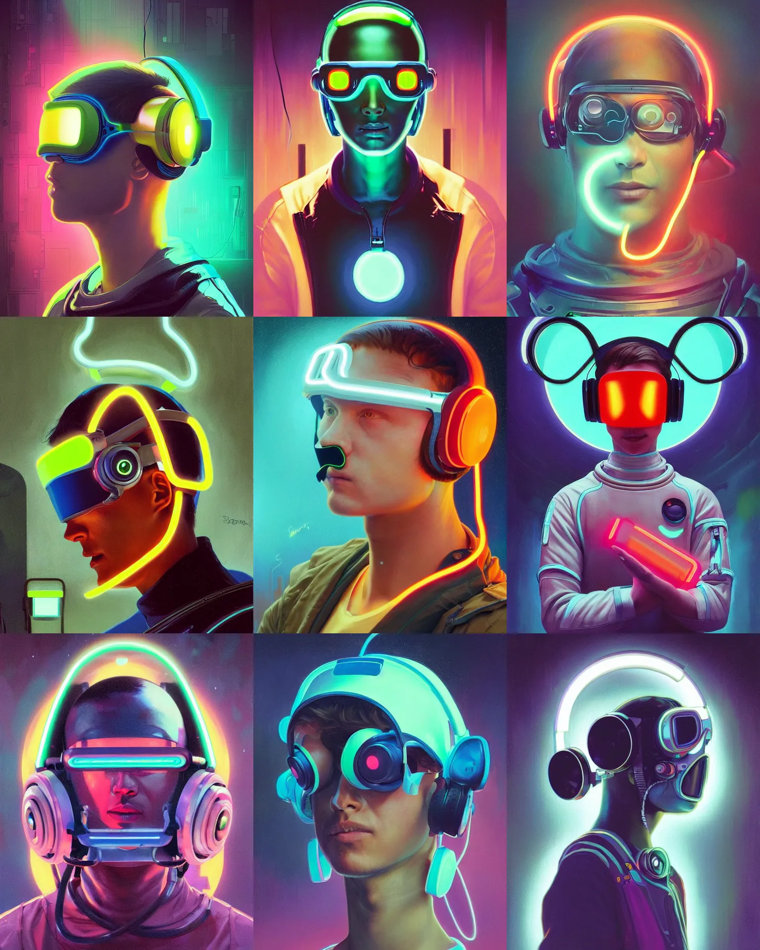 Prompt: future coder looking on, cyclops visor over eyes and sleek neon headphones, neon accents, rim lighting, desaturated headshot portrait painting by dean cornwall, ilya repin, rhads, tom whalen, alex grey, alphonse mucha, donoto giancola, astronaut cyberpunk electric fashion photography