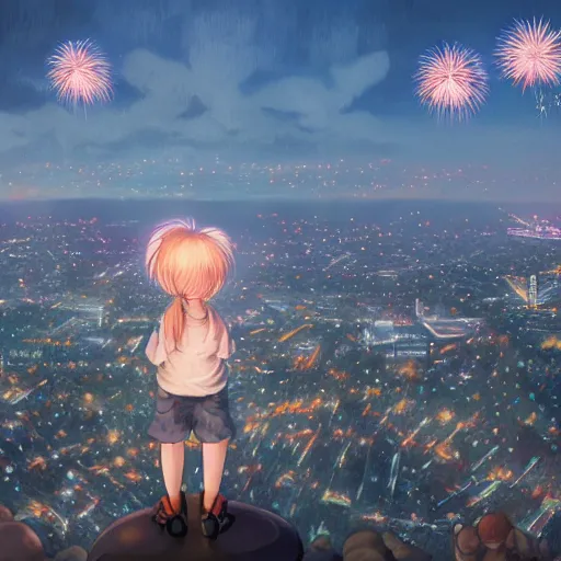 Image similar to girl watching watching fireworks on a hill, digital art, by range murata, akiyuki shinbou, yoshitaka amano highly detailed, realistic, cinematic, bold colours, photorealism, 4 k, wide angle lens