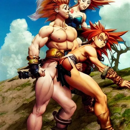 Image similar to crono stands atop a mountain of slain enemies as scantily clad babes marle and ayla clutch his legs, epic reimagining of chrono trigger by frank frazetta and boris vallejo