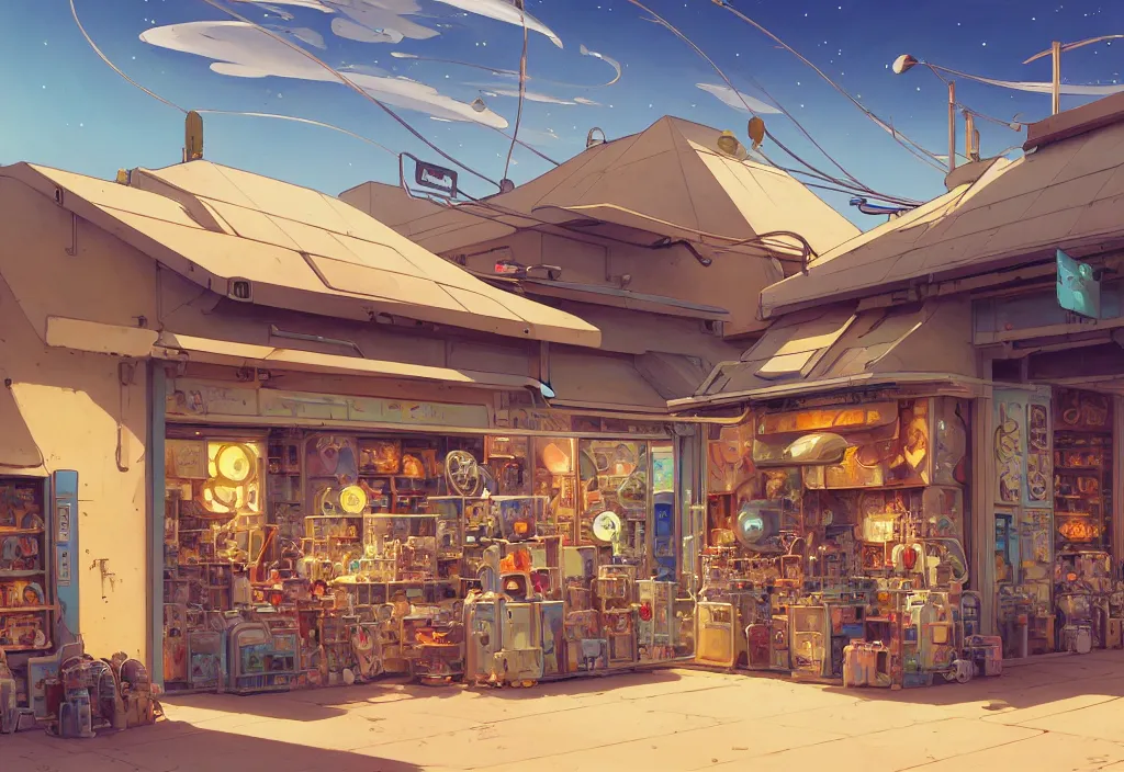 Prompt: chubby futuristic shop in the desert surrounded by two metal boxes, intricate oil painting, high detail illustration, sharp high detail, manga and anime 1 9 9 9, official fanart behance hd artstation by jesper ejsing and makoto shinkai, 4 k,