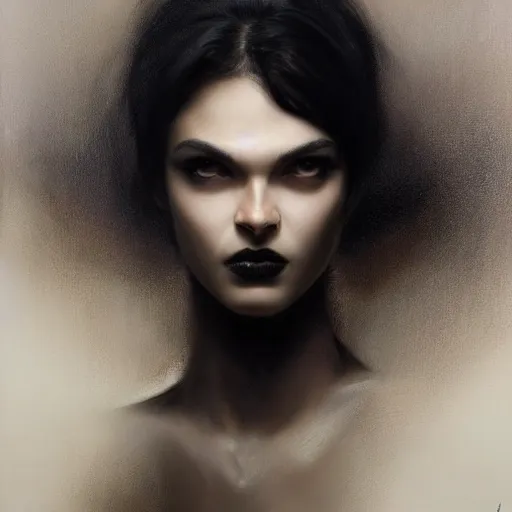 Image similar to Face of a beautiful woman with very black hair, intimidating woman, large black eyes, high forehead, smooth pale skin, ethereal skin, ominous, eldritch. oil painting by nuri iyem, james gurney, james jean, greg rutkowski, highly detailed, soft lighting, chiaroscuro