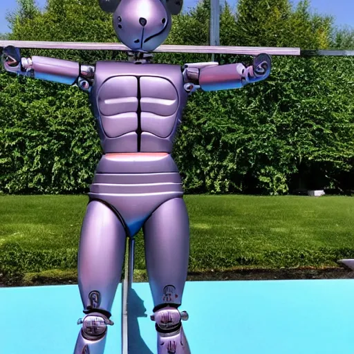 Image similar to a realistic detailed photo of a guy who is an attractive humanoid who is half robot and half humanoid, who is a male android, soccer player timo werner, shiny skin, posing like a statue, blank stare, by the pool, on display, showing off his muscles, humanoid robot, frozen ice statue, made of ice