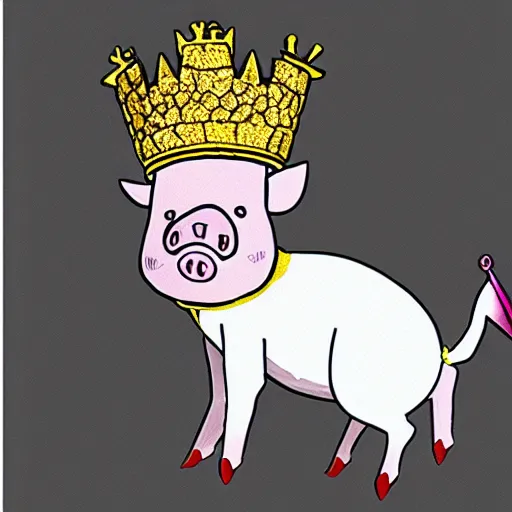 Prompt: a pig wearing a gold crown in the style of Friz Freleng