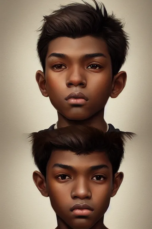 Image similar to young teenager boy with straight short brown hair, dark skin, big lips. highly detailed, d & d, fantasy, highly detailed, digital painting, trending on artstation, concept art, sharp focus, illustration, art by artgerm and greg rutkowski and fuji choko and viktoria gavrilenko and hoang lap