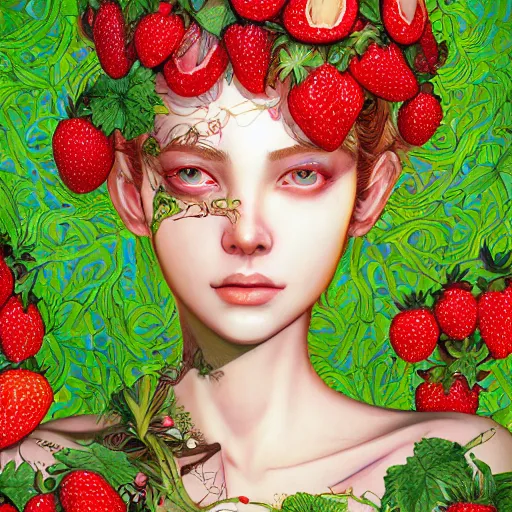 Image similar to the portrait of an absurdly beautiful, graceful, elegant, young woman made of strawberries and green petals looking up, an ultrafine hyperdetailed illustration by kim jung gi, irakli nadar, intricate linework, bright colors, octopath traveler, final fantasy, angular, unreal engine 5 highly rendered, global illumination, radiant light, detailed and intricate environment