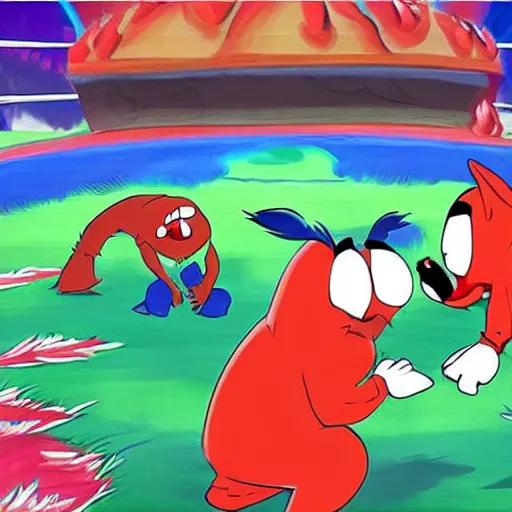 Image similar to uganda knuckles fights bug chungus in a wrestling match