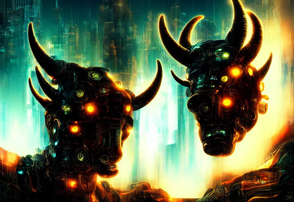 Image similar to cyberpunk Black ram with golden horns portrait, detailed face and eyes, city background, by anato finnstark and leiji matsumoto