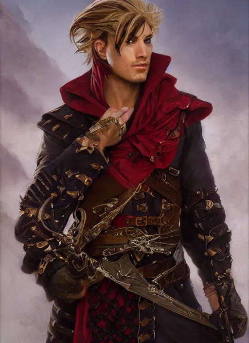 Prompt: medium-length portrait of a male elven dashing swashbuckler with a mohawk and brown eyes, fair skin, cocky expression, wears a ostentatious bright red longcoat, pirate setting, highly detailed, digital painting, artstation, concept art, sharp focus, illustration, art by greg rutkowski and alphonse mucha