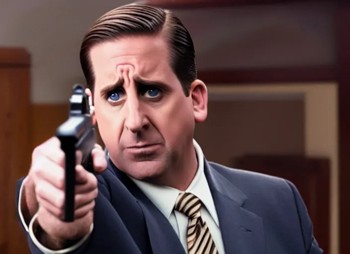 Image similar to film still of michael scott aiming a pistol, 8 k,