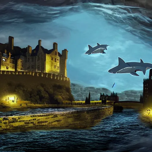 Prompt: sharks swimming above Edinburgh Castle, concept art in style of Greg Rutkowki, dynamic lighting, highly detailed