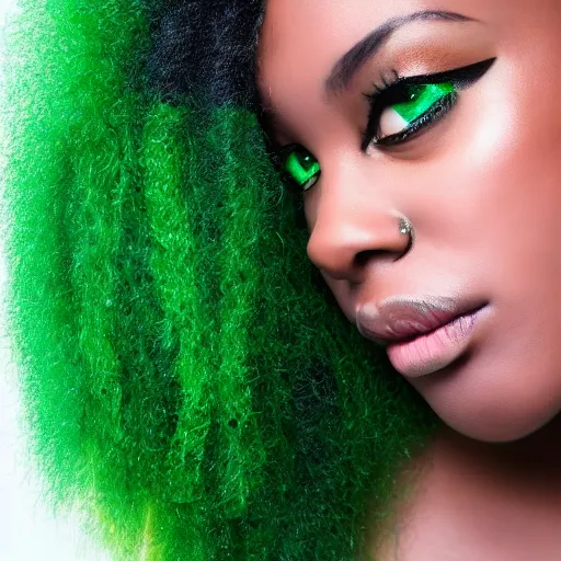 Image similar to a realistic model photoshoot of a black girl with green afro hair, beautiful, model, professional picture, realistic, 4 k, bright light, portrait