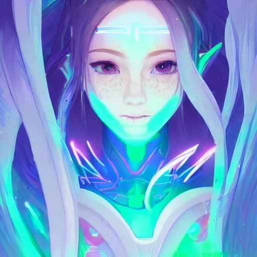 Image similar to art championship winner trending on artstation portrait of a goddess elven mecha warrior princess, head and shoulders, blue hair, matte print, pastel pink neon, cinematic highlights, lighting, digital art, cute freckles, digital painting, fan art, elegant, pixiv, by Ilya Kuvshinov, daily deviation, IAMAG, illustration collection aaaa updated watched premiere edition commission ✨✨✨ whilst watching fabulous artwork \ exactly your latest completed artwork discusses upon featured announces recommend achievement