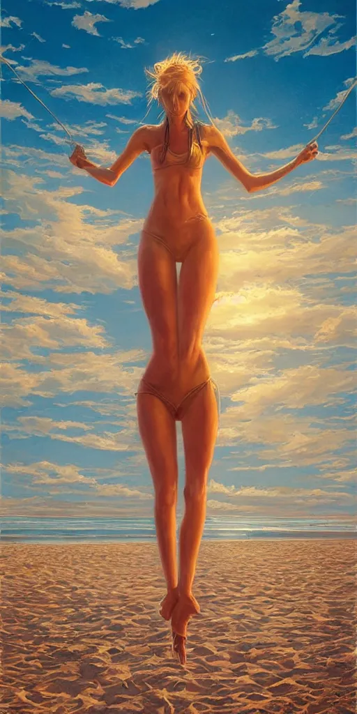 Prompt: symmetry!! summertime on the beach, sea, surreal, dream, golden hour, perfect lighting, perfect composition, 4 k, artgerm, derek zabrocki, greg rutkowski