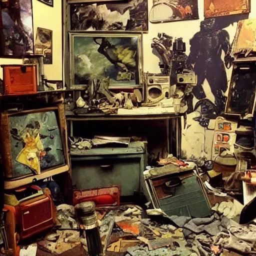 Image similar to messy vintage room of a fallout vault, frank frazetta