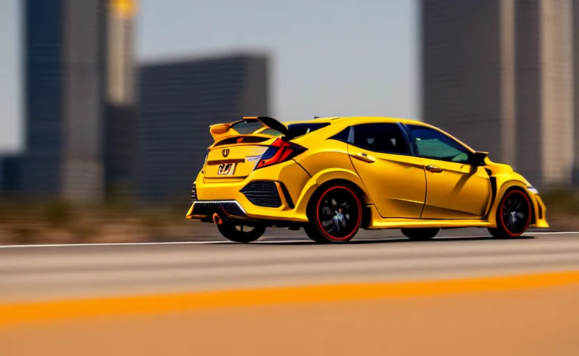 Prompt: photograph of a cell-shaded orange yellow Honda Civic EK9 Type-R, speeding on a desert road with a futuristic city in the horizon, kicking up dirt, action shot, sigma 85mm f/1.4, 4k, depth of field, high resolution, 4k, 8k, hd, full color