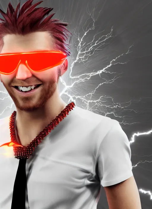 Image similar to photorealistic young man with red spiked long hair, using orange googles. Wearing black waistcoat, white shirt. He is with a vicious smile in face. dynamic lightning.