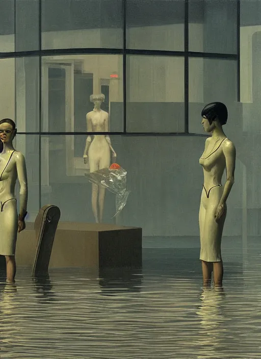 Image similar to westworld android dressed in transparent plastic bags, on flooded street Edward Hopper and James Gilleard, Zdzislaw Beksinski, highly detailed