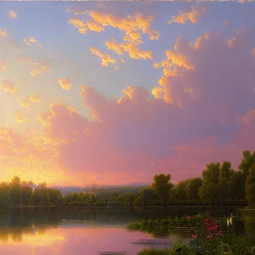 Image similar to a painting of a duck pond at sunset, surrounded by flower bushes, a detailed matte painting by Robert S. Duncanson, deviantart, hudson river school, terragen, trending on artstation