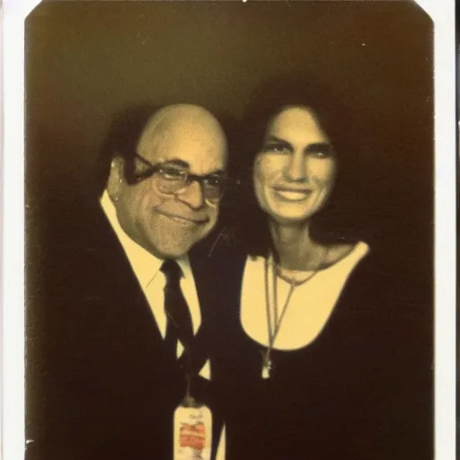 Prompt: found faded 1978 polaroid picture of my parents who look just like Danny Devito and Cindy Crawford