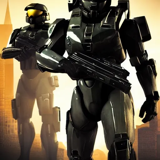 Image similar to halo odst troopers on a film noire city skyline at night