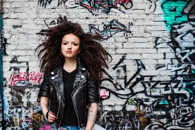 Prompt: portrait of a young punk woman leaning against the wall in an alley, wild hair with striking highlights, sharp focus and high detail face, short top, motorcycle jacket, plaid skirt, graffiti covered walls, rubbish strewn on the ground, ghetto, award winning times magazine photography,