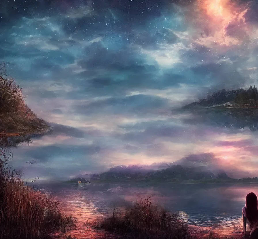 Image similar to girl in lake at night landscape with visible space sky, fantasy artwork, very beautiful scenery, hd, hdr, ue 5, ue 6, unreal engine 5, cinematic 4 k wallpaper, 8 k, ultra detailed, by popular digital artist,