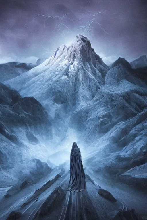 Prompt: digital matte fantasy dreamy mountain scape dark tones snow, alien landscape, photo realism, storm, 8 k by alex grey