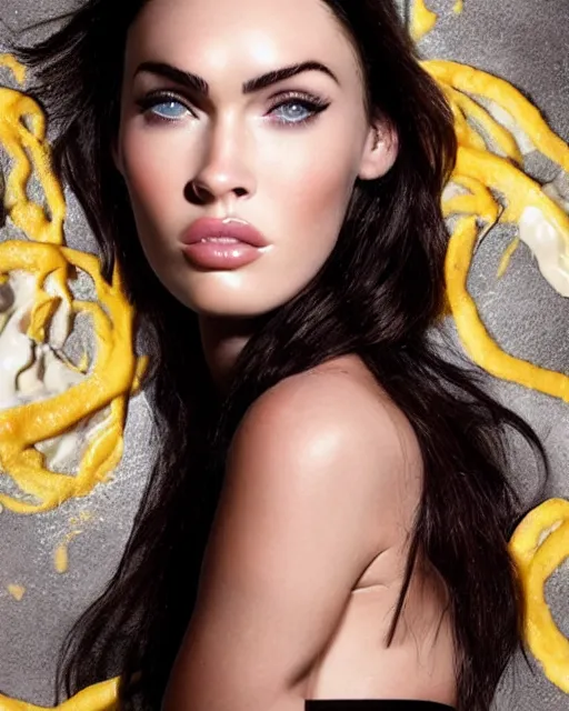 Image similar to mayonnaise in the shape of a human face, human face made out of mayonnaise, megan fox made out of mayonnaise!!!!!, professional food photography, unreal engine
