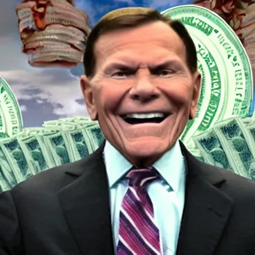 Image similar to a still of kenneth copeland, smiling, surrounded by flying money