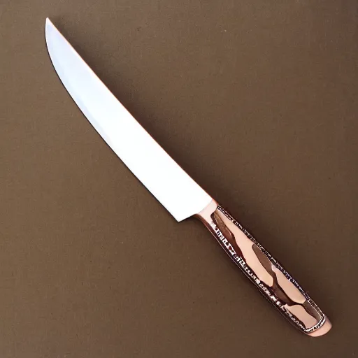 Prompt: kitchen knife with rose gold inlay integral bolster high detail