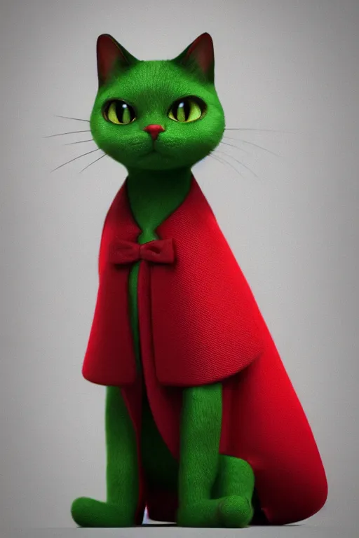 Image similar to a cat wearing a red and green formal overcoat, hyperrealistic, concept art, octane render, unreal engine 5, realistic and defined face, profile picture, digital art, pixar and disney, symmetrical, high quality, highly detailed, high coherence, path traced, house background, low contrast, beautiful