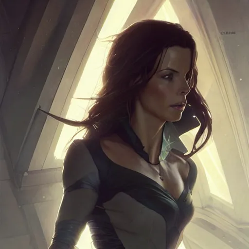 Image similar to kate beckinsdale as aeon flux profile picture by greg rutkowski, dynamic pose, intricate, futuristic, fantasy, elegant, by stanley artgerm lau, greg rutkowski, thomas kindkade, alphonse mucha, loish, norman rockwell,