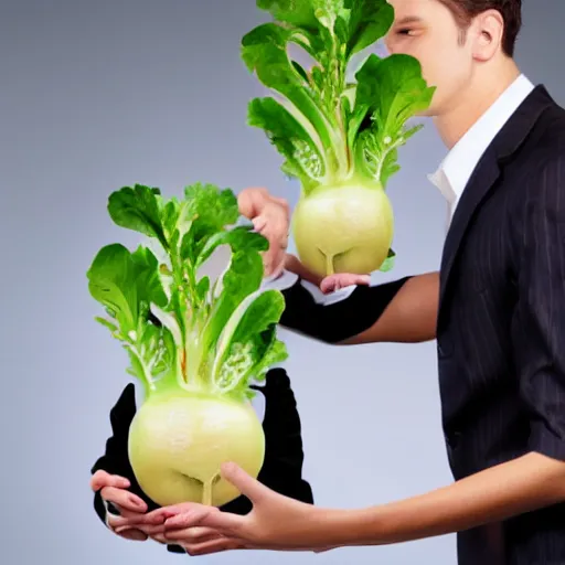 Image similar to hilarious stock photo of a radish with a face wearing a suit on a man's body, high fiving another person's face