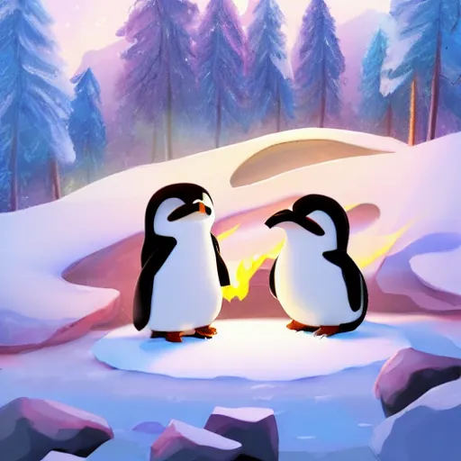 Image similar to two happy cute chibi penguins sitting around a campfire near a cave entrance to a mountain, there is a forest of trees in the background and a small frozen lake in the distance, trending on artstation, 3d digital artwork, cinematic lighting, 4K, very full detail, vector, amazing artwork, trending on Behance award-winning art, kawaii