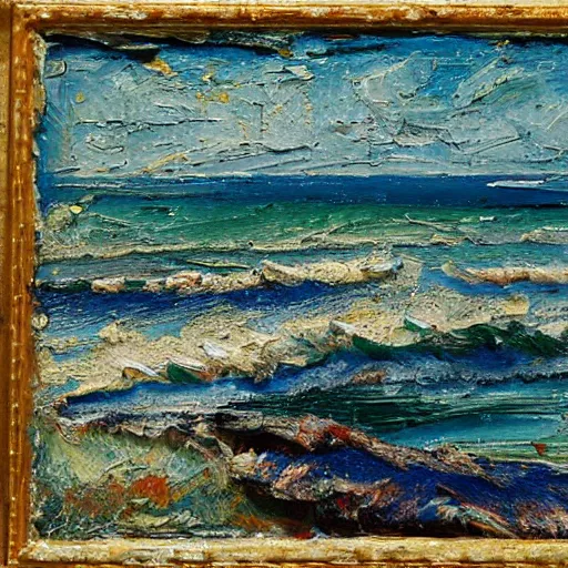 Image similar to oil paint impasto relief, beautiful italian beach scene, rough sea, multi layered thick brush marks, some splattered paint, in the style of ivan shishkin and frank auerbach and van gogh and signac
