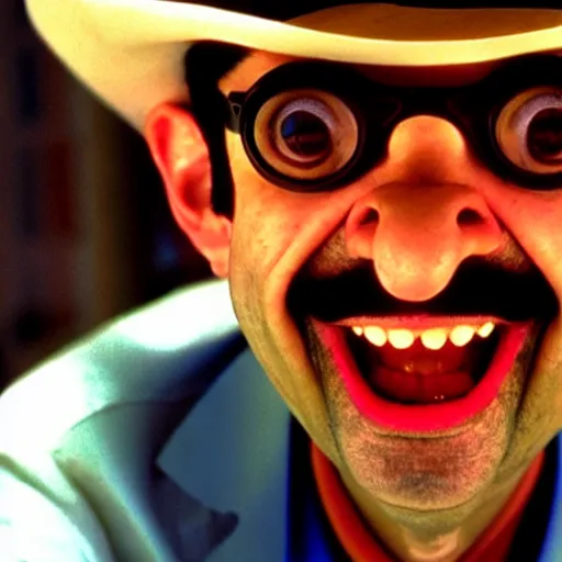 Prompt: mr. bean as raul duke from the fear and loathing in las vegas movie. movie still. cinematic lighting.